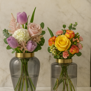 mbre gradient glass vase with gold ring modern luxury decor Elegant ombre glass centerpiece vase with gold accent