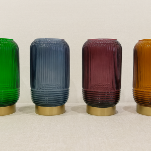Colored ribbed glass vases with gold bases modern home decor collection Modern ribbed glass vases in jewel tones with gold pedestal bases
