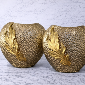 Guy collection gold metal vase with textured finish and leaf accent luxury home decor