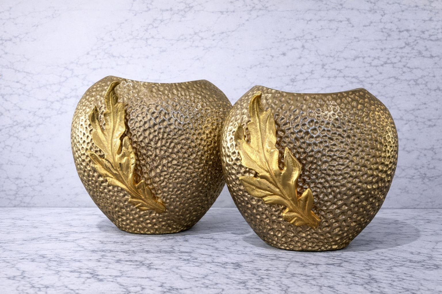 Guy collection gold metal vase with textured finish and leaf accent luxury home decor