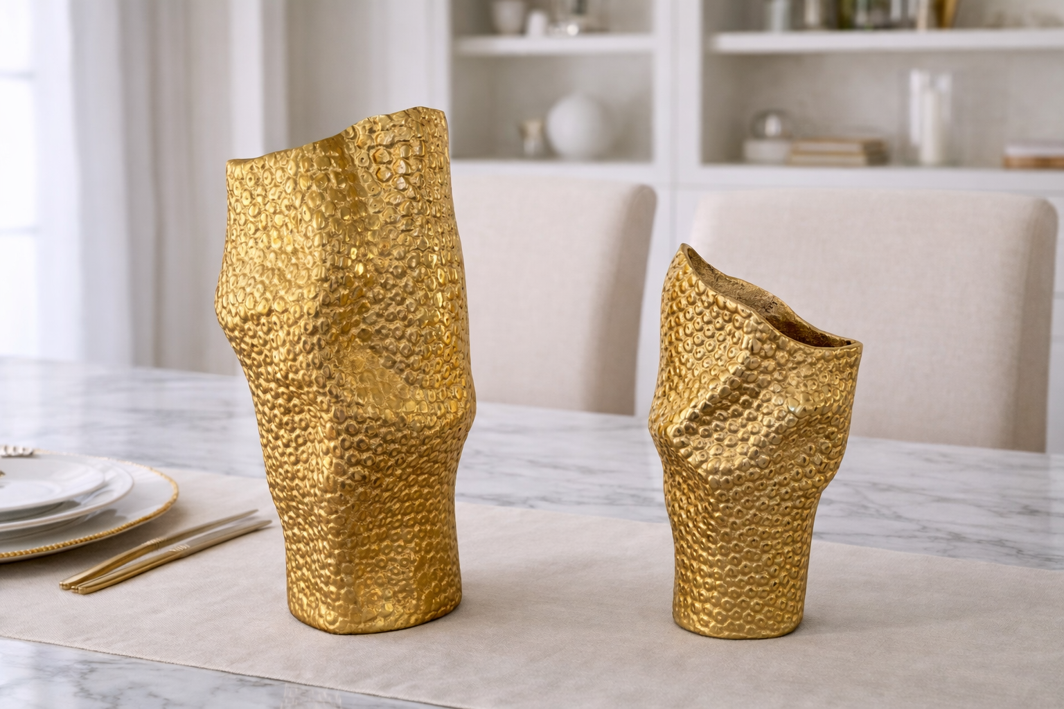 Lucy collection gold metal vase with textured sculptural design modern luxury home decor