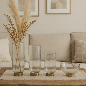 textured glass vase with gold base modern wedding centerpiece on neutral table