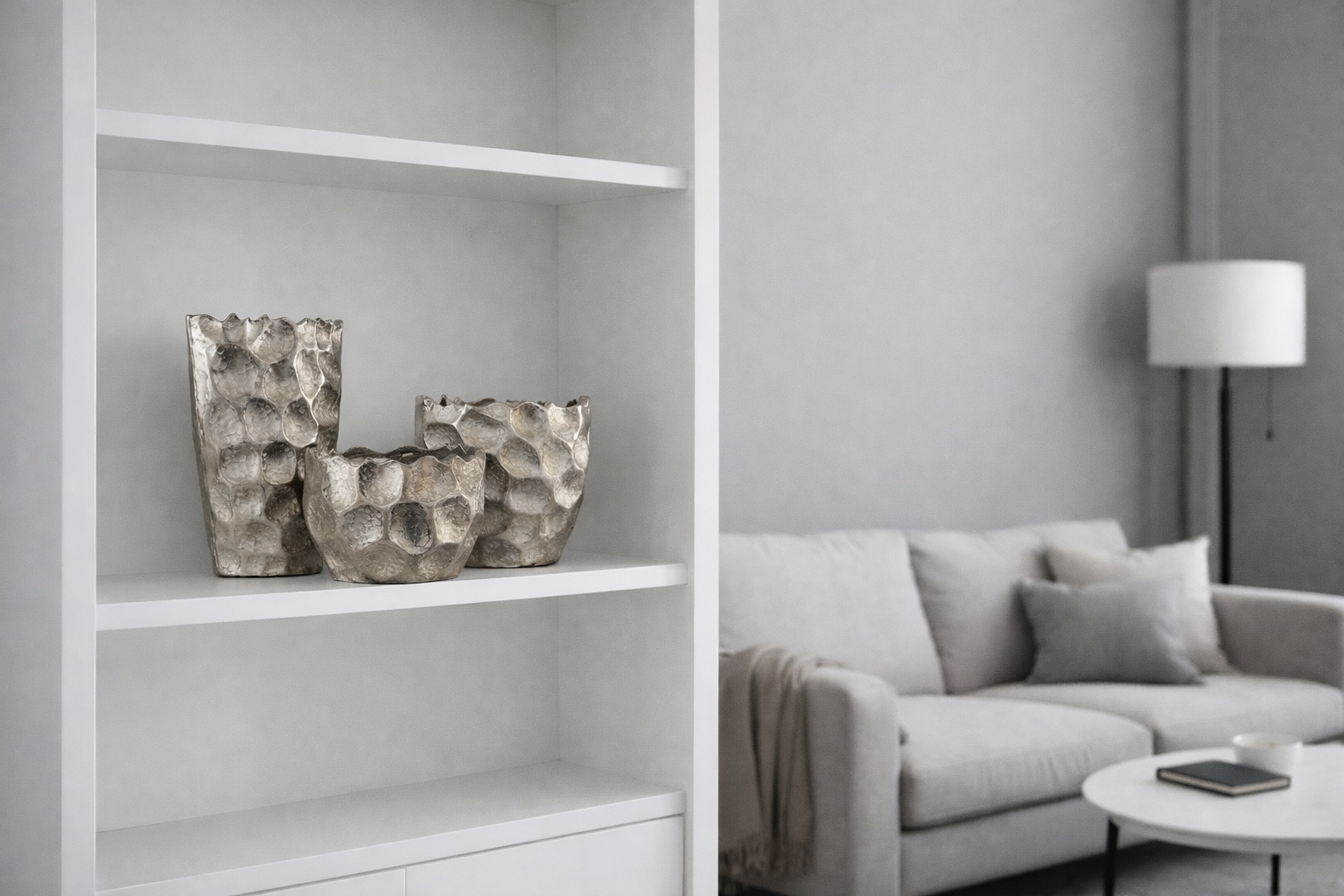 Jenna collection silver metal vases with sculptural textured design modern luxury home decor