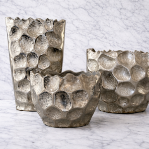 Jenna collection silver metal vases with sculptural textured design modern luxury home decor