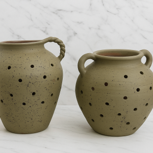 Olive green ceramic vase with handles rustic Mediterranean home decor on marble background