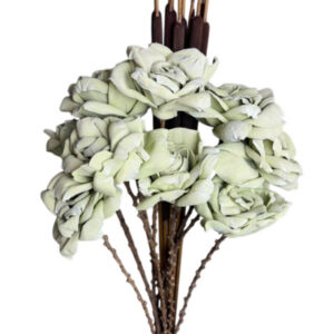 sage green bourbon rose with cattails