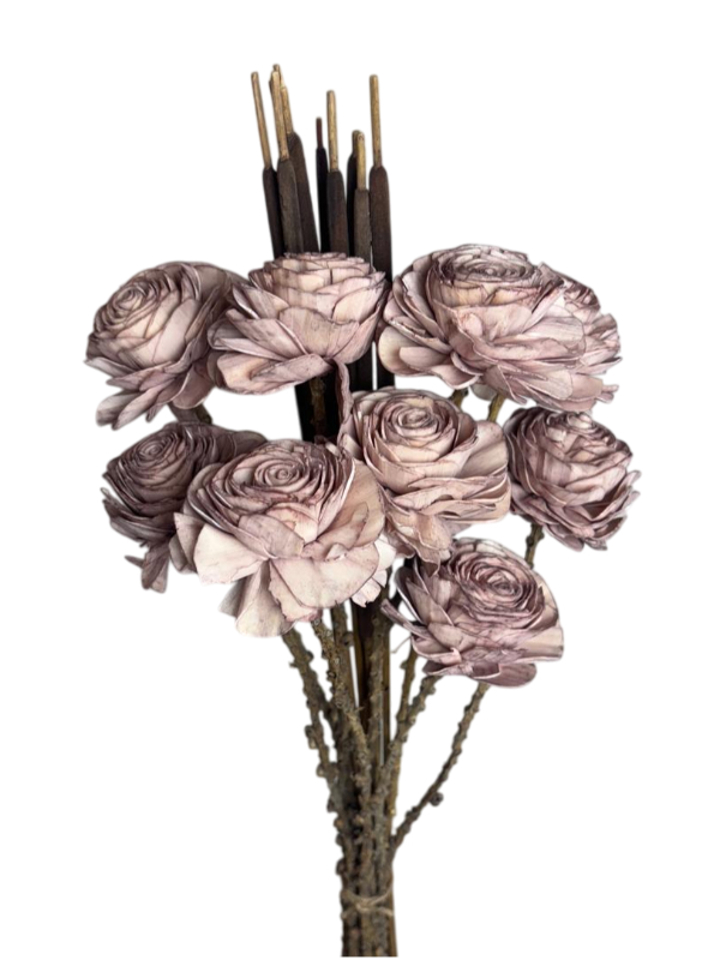 Old pink beauty rose with cattails