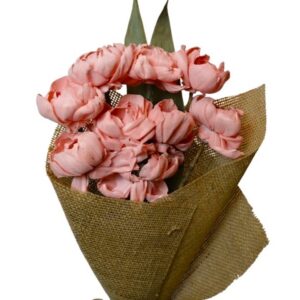 Coral pink peony flower with leaves